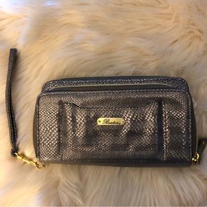 Buxton silver metallic snake embossed leather wallet wristlet.